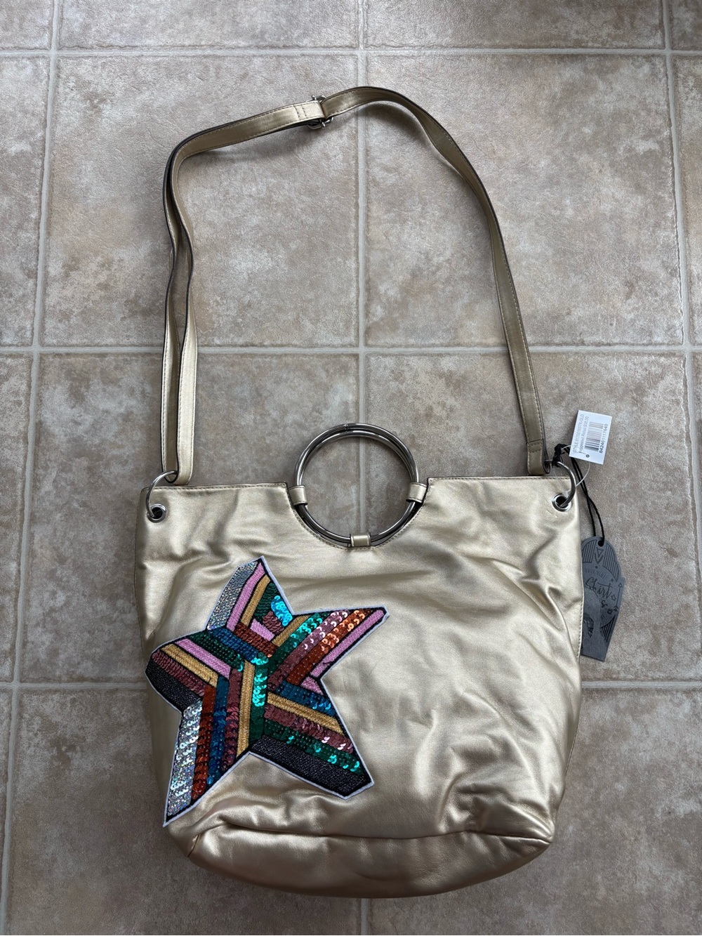 T-Shirt & Jeans Metallic Gold Shoulder Bag with Multicolor Sequin Star